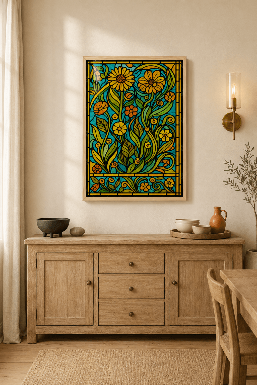 Ahşap çerçeveli çiçek tablosu — vitray tarzı sarı çiçekler ve yeşil yapraklar