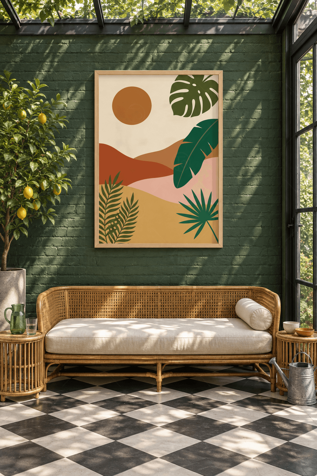 Ahşap çerçeveli monstera tablosu — taba güneş, kiremit ve pembe tepeler, monstera, muz yaprağı ve palmiye yaprakları