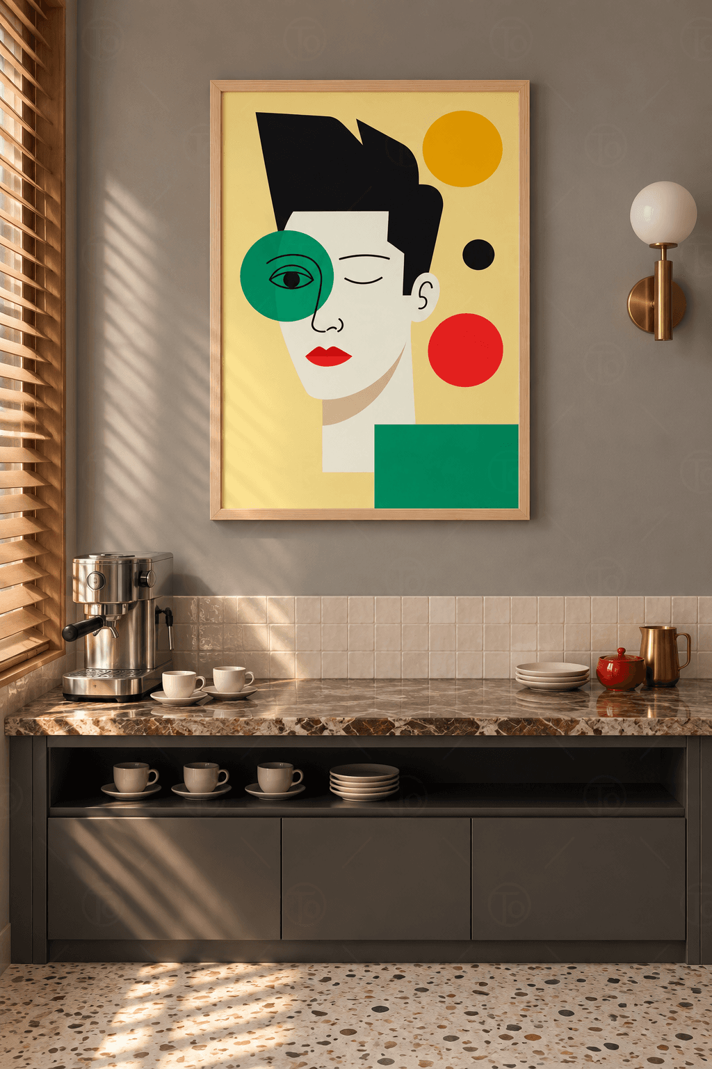 Ahşap çerçeveli pop art portre tablosu — sarı zeminde siyah saçlı, göz kırpan adam, yeşil, sarı, kırmızı ve siyah daireler