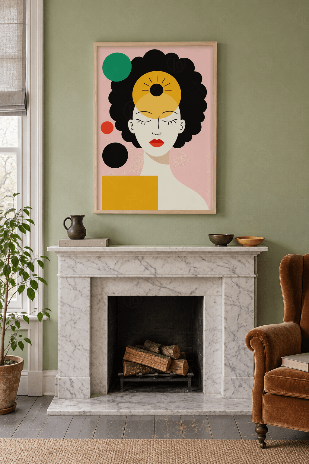 Ahşap çerçeveli pop art tablo — pembe zeminde kıvırcık siyah saçlı kadın, alnında sarı daire içinde siyah güneş simgesi
