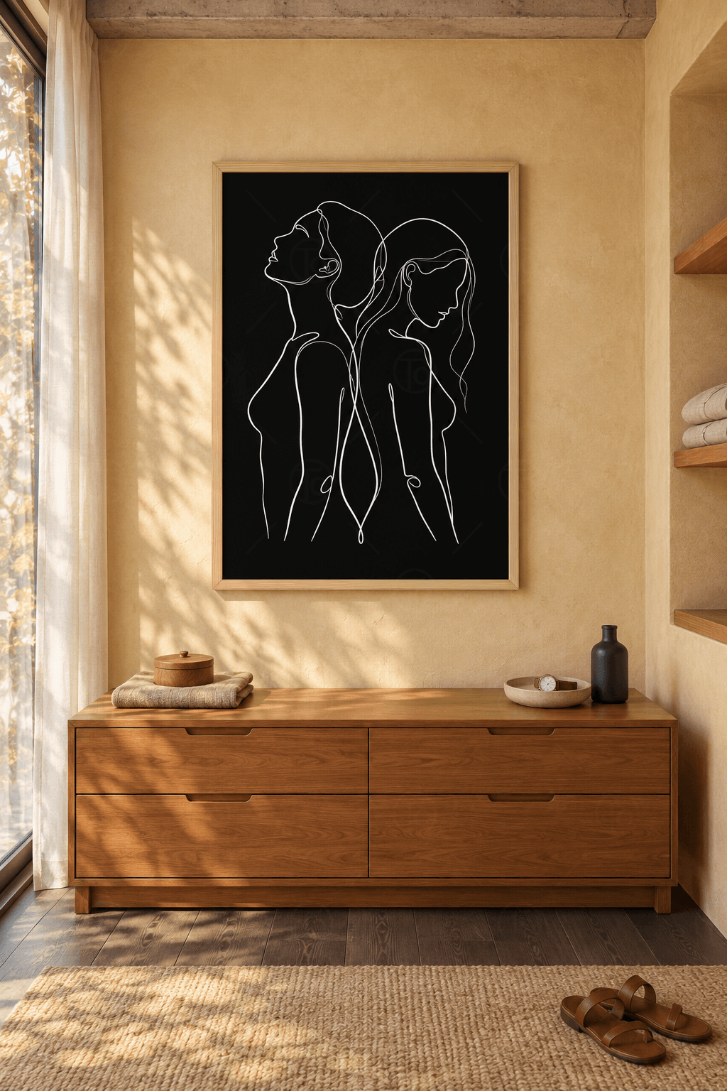 Ahşap çerçeveli line art tablo — siyah zeminde beyaz tek çizgiyle sırt sırta duran, biri yukarı bakan iki kadın
