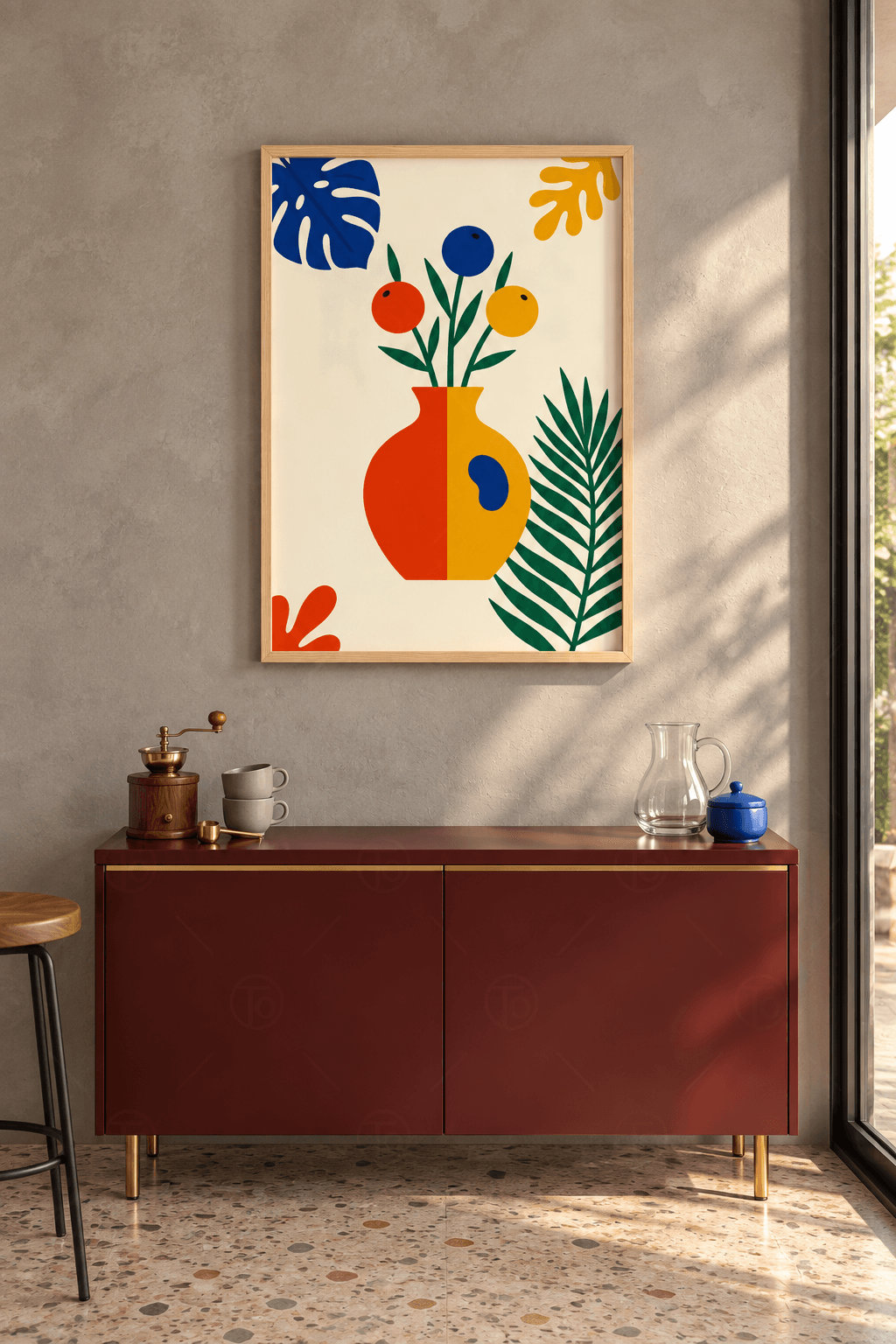 Ahşap çerçeveli pop art tablo — kırmızı-sarı vazoda üç renkli yuvarlak meyve, saks mavisi monstera ve yeşil palmiye yaprağı