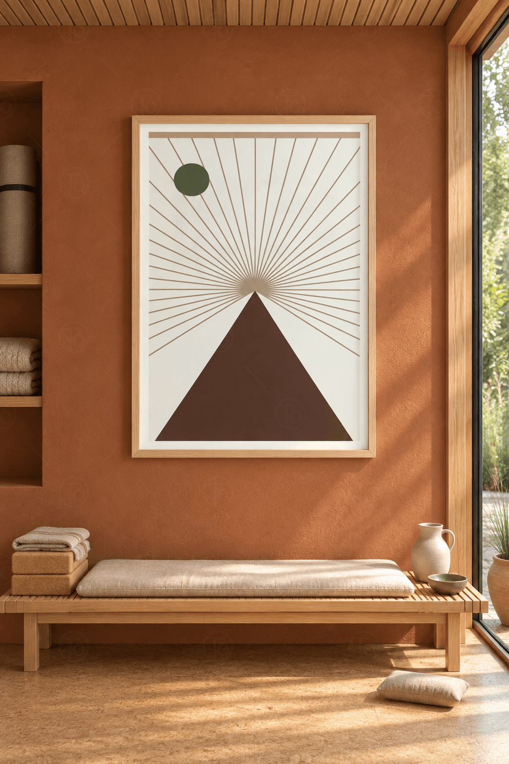Ahşap çerçeveli geometrik tablo — kırık beyaz zeminde bordo-kahve üçgen, tepesinden yayılan ince ışınlar ve haki daire