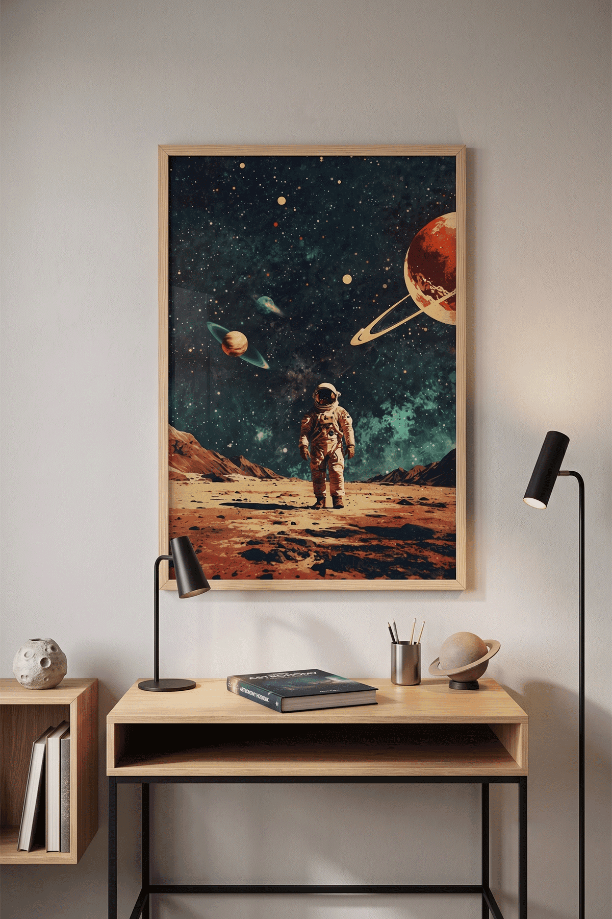 Kızıl Gezegen — Retro Astronot Tablosu