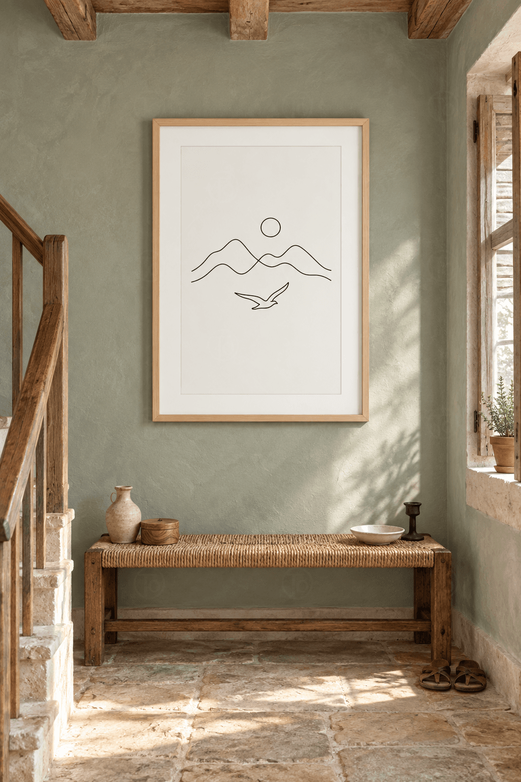 Ahşap çerçeveli line art tablo — kırık beyaz zeminde tek çizgiyle iç içe iki dağ silsilesi, küçük güneş ve uçan kuş