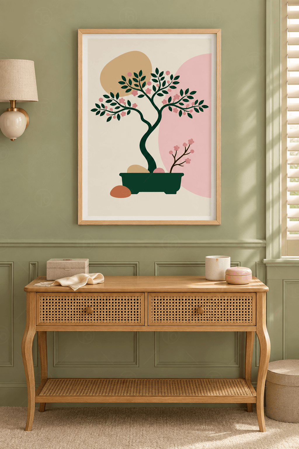 Ahşap çerçeveli bonsai tablosu — krem zeminde pembe çiçekli bonsai, ayaklı yeşil saksı, yanında çiçekli dal ve kiremit taş