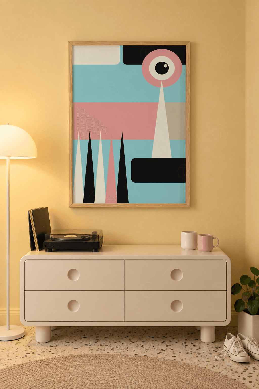 Ahşap çerçeveli bauhaus tablo — buz mavisi zeminde pembe halkalı göz motifi, pembe şerit, siyah bloklar ve sivri üçgenler