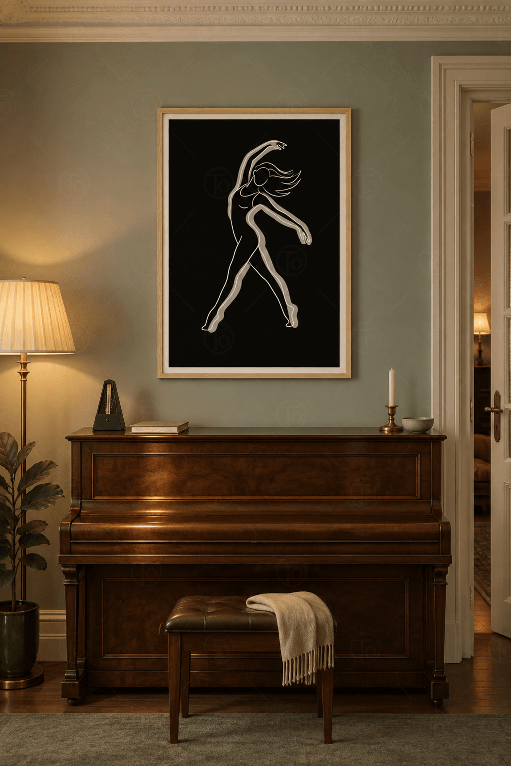 Ahşap çerçeveli line-art tablo — siyah zeminde beyaz çizgiyle dans eden kadın, başının üstünde kol ve geniş adım