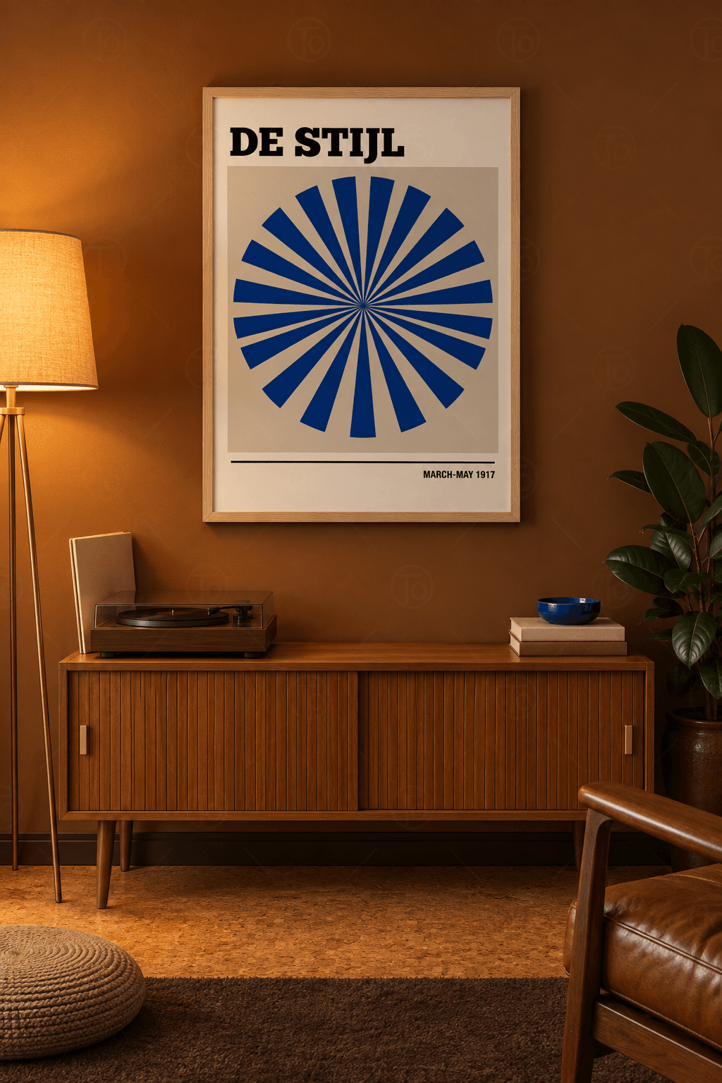 Ahşap çerçeveli geometrik poster tablosu — açık gri-bej panoda merkezde buluşan on dokuz kobalt mavisi dilim