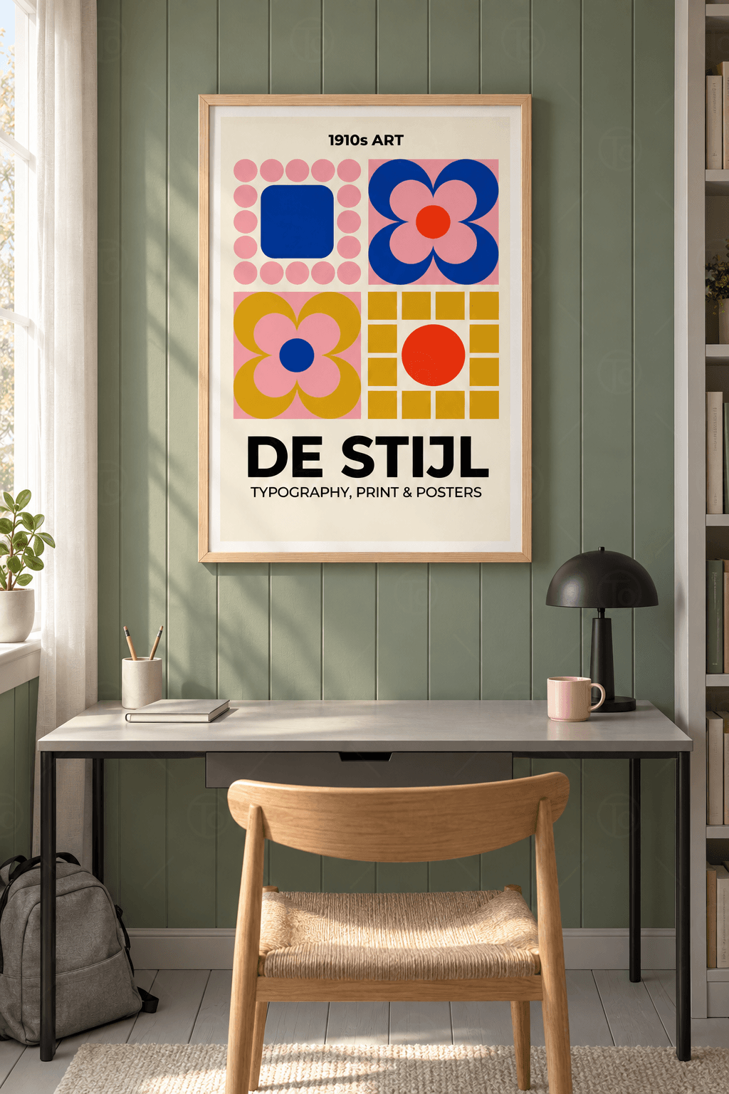 Ahşap çerçeveli pop art desen tablosu — krem zeminde pembe daireli kobalt kare, iki çiçek ve kırmızı daireli hardal kareler