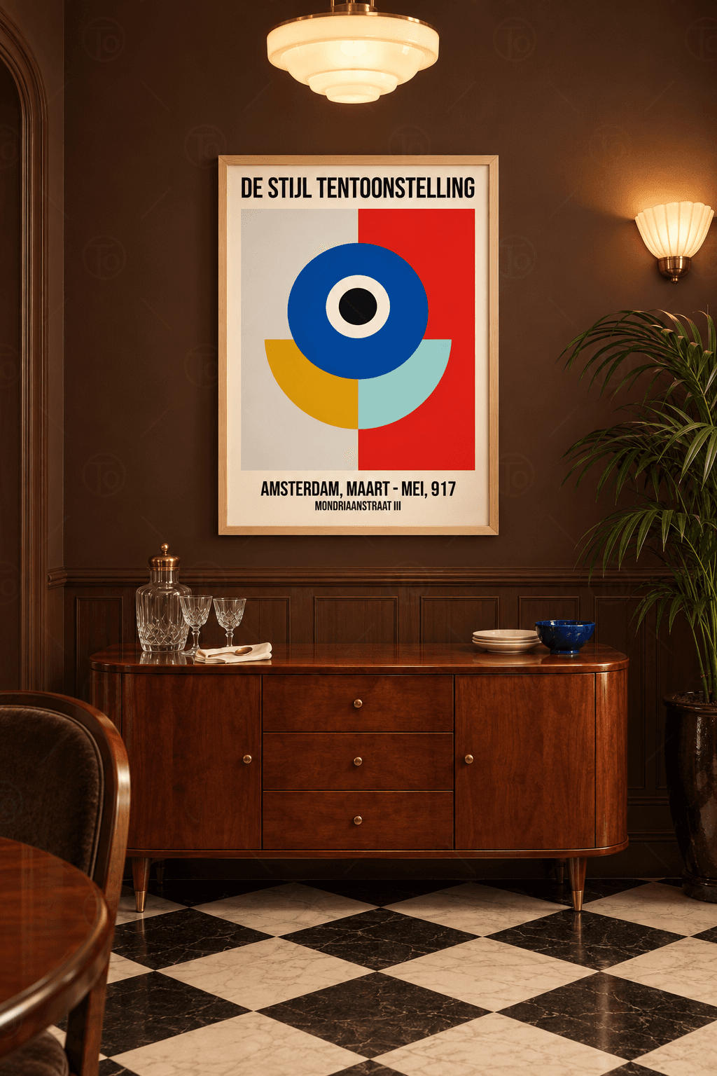 Ahşap çerçeveli poster tablosu — gri-kırmızı zeminde beyaz halkalı kobalt daire, altında hardal ve nane yarım daire