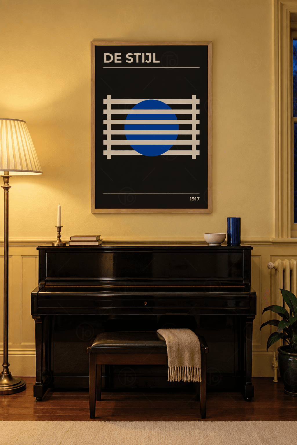 Ahşap çerçeveli geometrik poster tablosu — siyah zeminde krem çubuklar ve iki direk arasından görünen kobalt daire