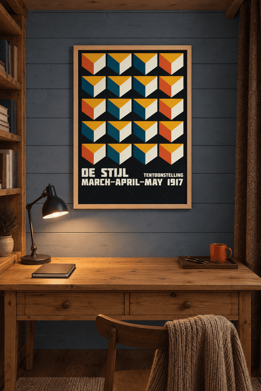 Ahşap çerçeveli geometrik poster tablosu — siyah zeminde turuncu, petrol, hardal ve krem yüzlü yirmi izometrik küp