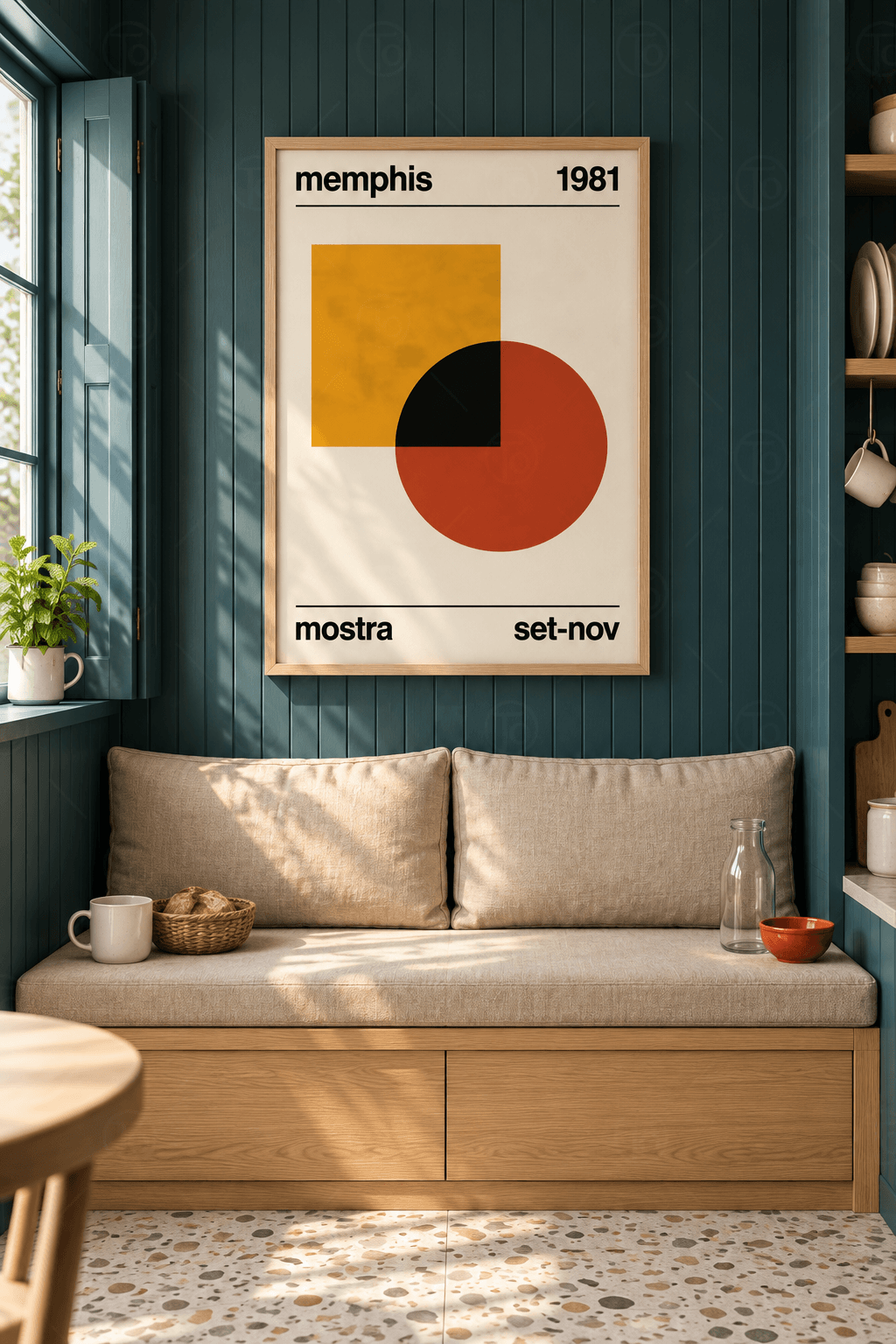 Ahşap çerçeveli geometrik poster tablosu — krem zeminde hardal kare ve kiremit daire, kesişimde siyah çeyrek daire