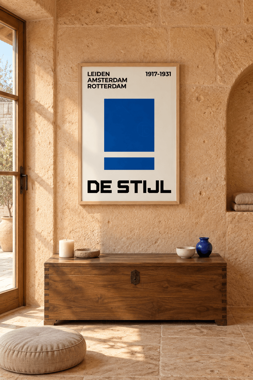 Ahşap çerçeveli minimalist poster tablosu — kırık beyaz zeminde kobalt mavisi kare ve altında ince mavi dikdörtgen
