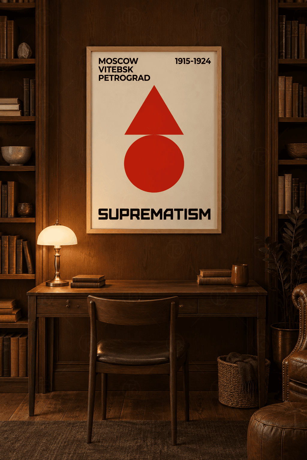 Ahşap çerçeveli geometrik poster tablosu — kırık beyaz zeminde kırmızı eşkenar üçgen ve altında kırmızı daire