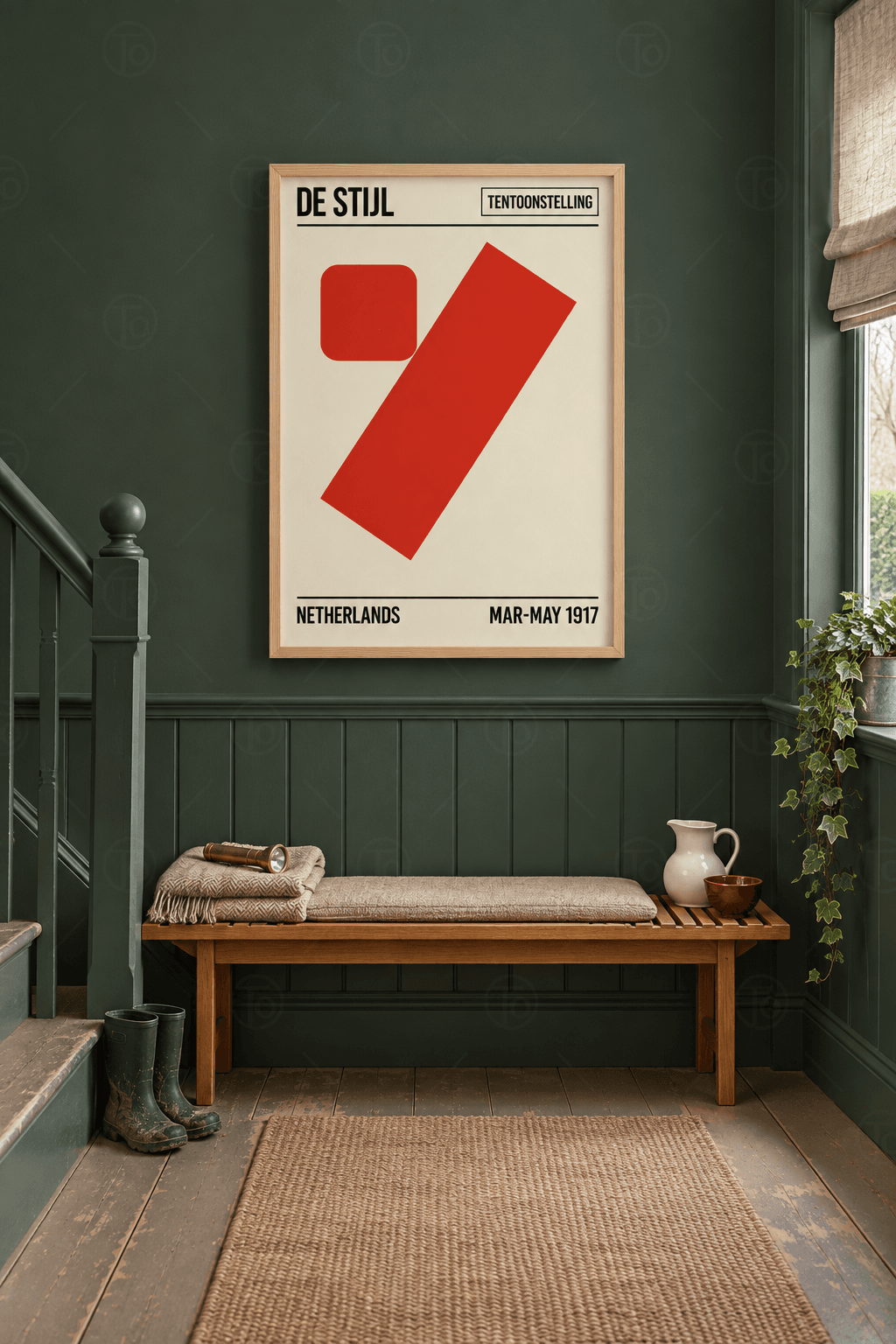 Ahşap çerçeveli geometrik poster tablosu — krem zeminde eğik kırmızı dikdörtgen ve yuvarlak köşeli kırmızı kare