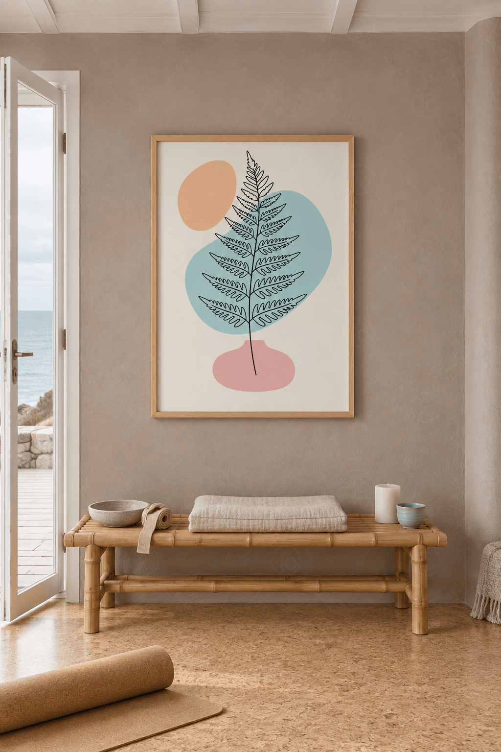 Ahşap çerçeveli line art botanik tablosu — krem zeminde siyah çizgi eğrelti, buz mavisi ve şeftali lekeler, pembe vazo
