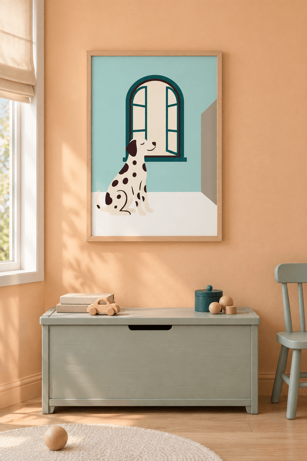 Ahşap çerçeveli köpek tablosu — buz mavisi odada açık kemerli pencere önünde oturan kahve benekli köpek