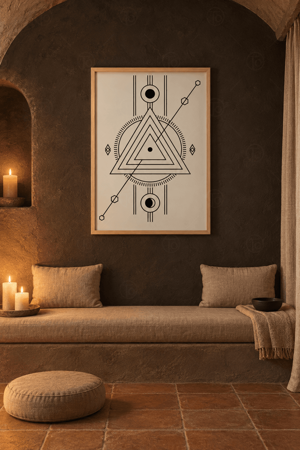 Ahşap çerçeveli geometrik çizgi tablosu — kırık beyaz zeminde iç içe dört üçgen, çentikli halka ve altıgenli eğik çizgi