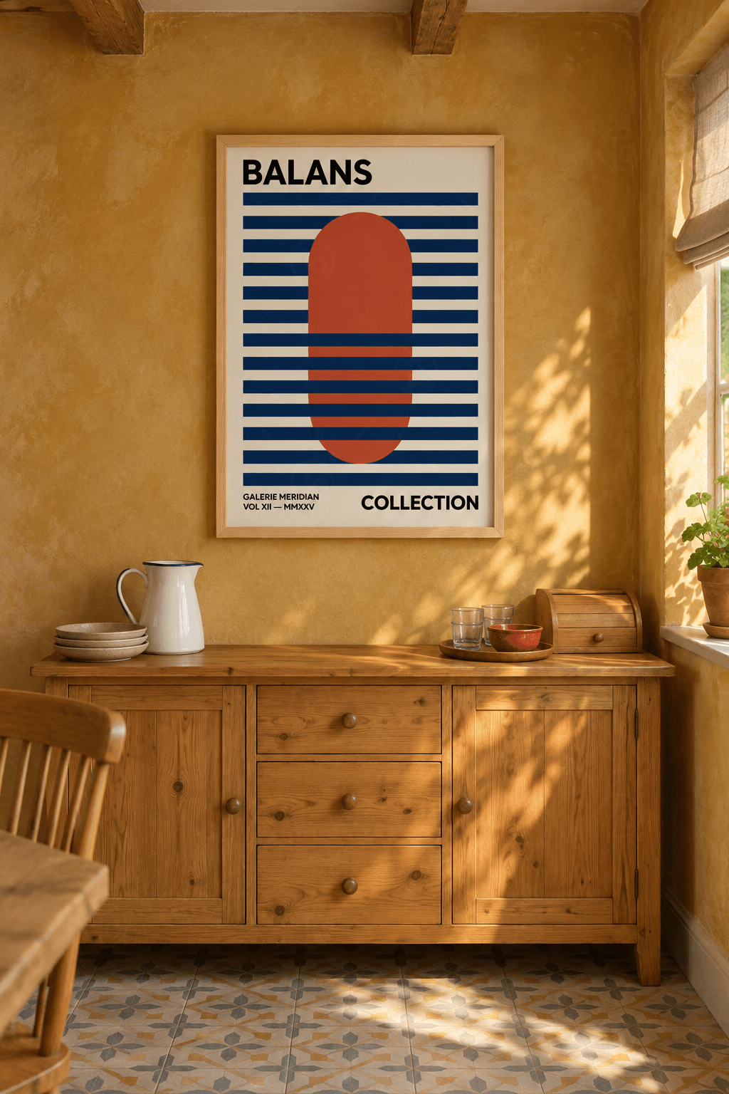 Ahşap çerçeveli bauhaus poster tablosu — krem zeminde lacivert enine şeritler arasından geçen dikey kiremit kapsül