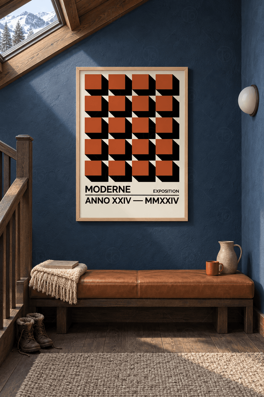 Ahşap çerçeveli geometrik poster tablosu — krem zeminde siyah gölgeli yirmi kiremit kareden küp ızgarası
