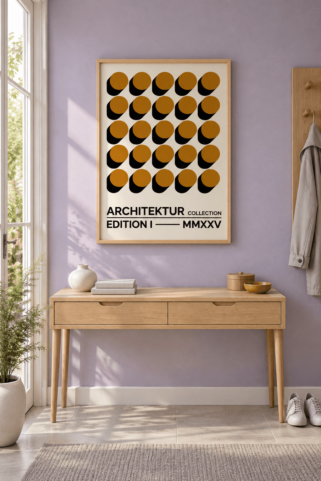Ahşap çerçeveli geometrik poster tablosu — krem zeminde siyah gölgeli yirmi beş hardal daireden ızgara