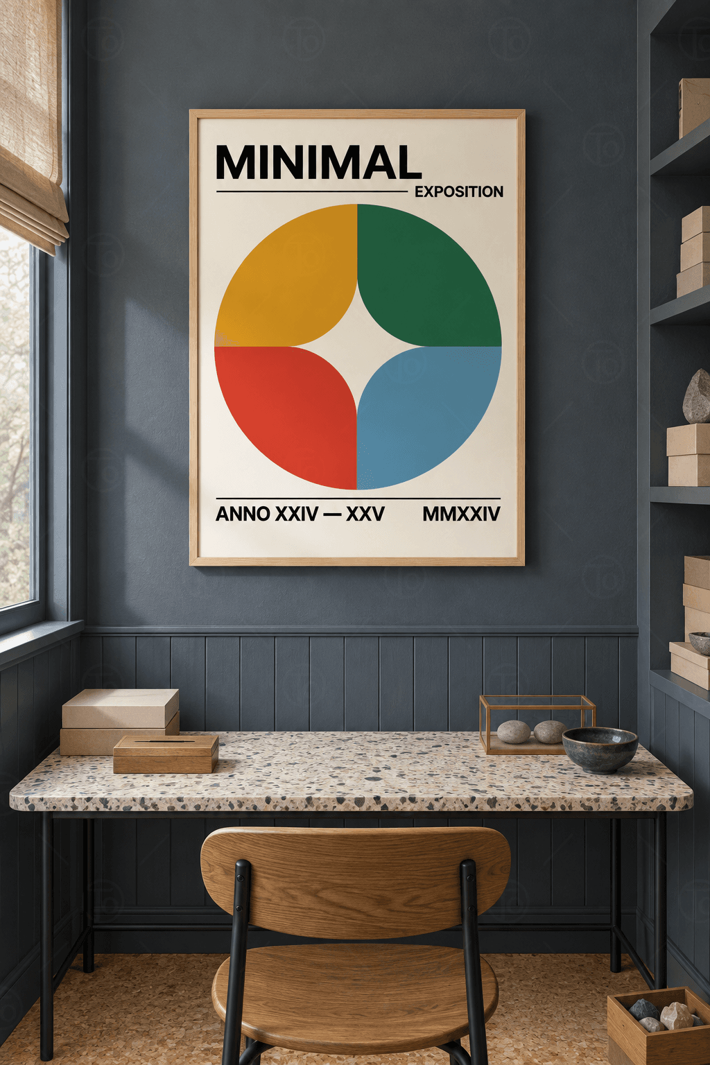 Ahşap çerçeveli retro poster tablosu — krem zeminde hardal, yeşil, kırmızı ve mavi çeyreklerden daire, ortada krem yıldız