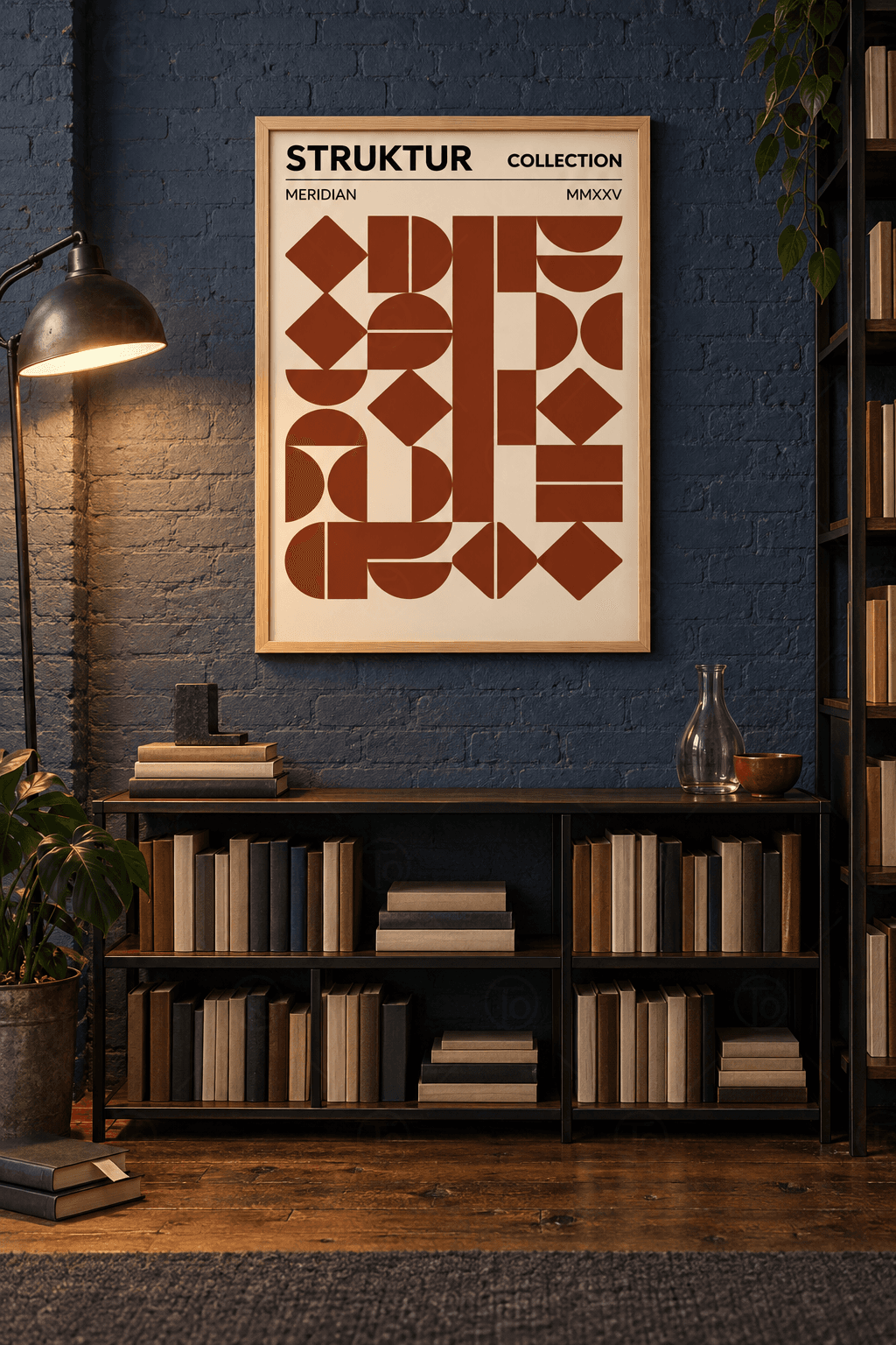 Ahşap çerçeveli bauhaus desen tablosu — krem zeminde koyu kiremit yarım daireler, eşkenar dörtgenler ve dikey bant