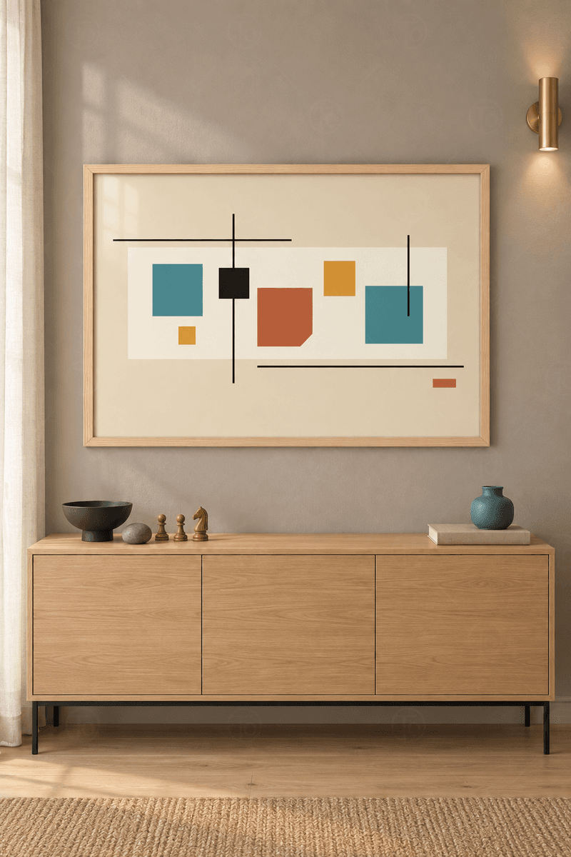 Ahşap çerçeveli mid-century tablo — kum beji zeminde kırık beyaz panel üstünde turkuaz, kiremit ve hardal kareler