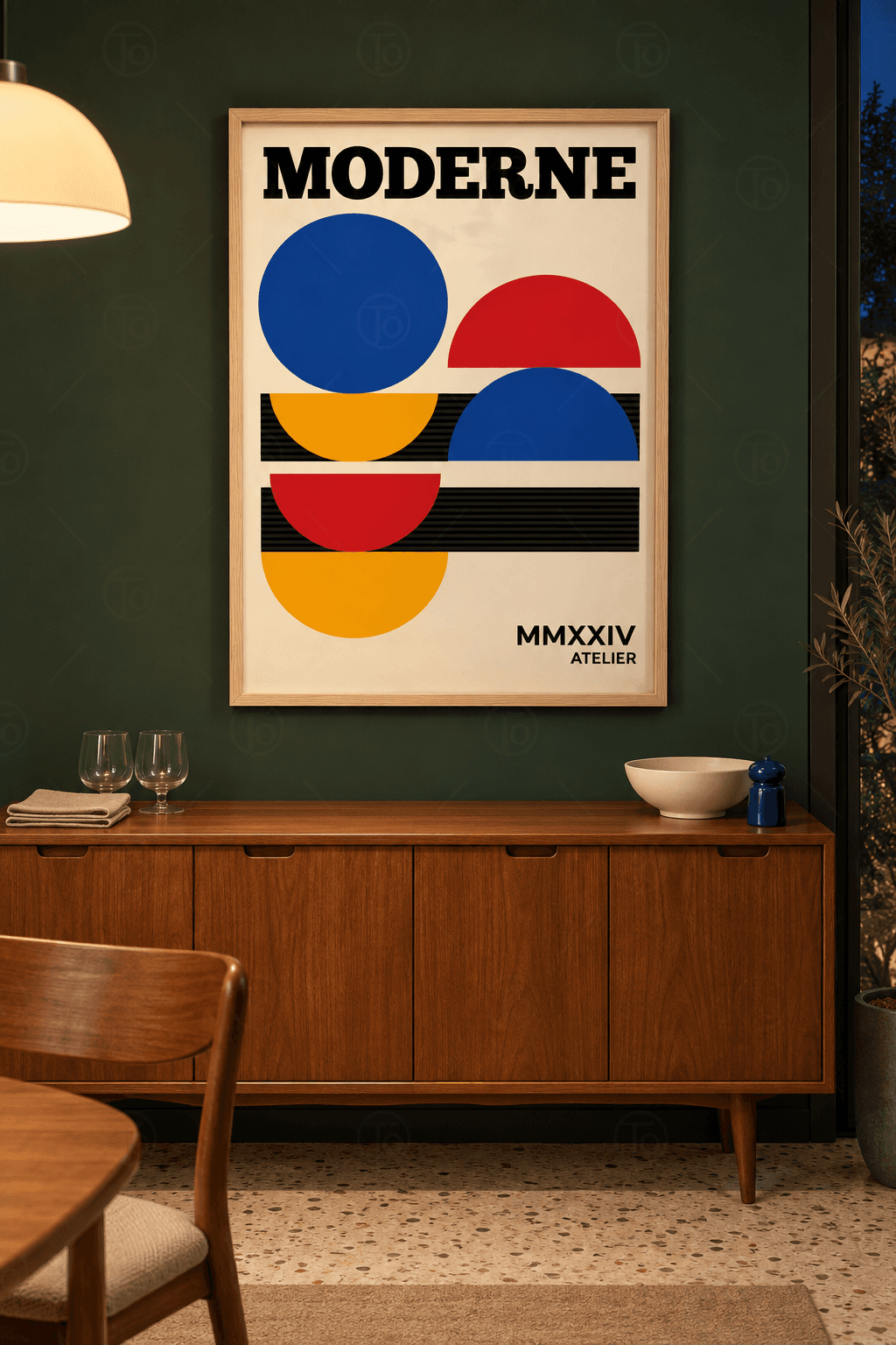 Ahşap çerçeveli modern poster tablosu — krem zeminde kobalt daire, renkli yarım daireler ve iki çizgili siyah bant