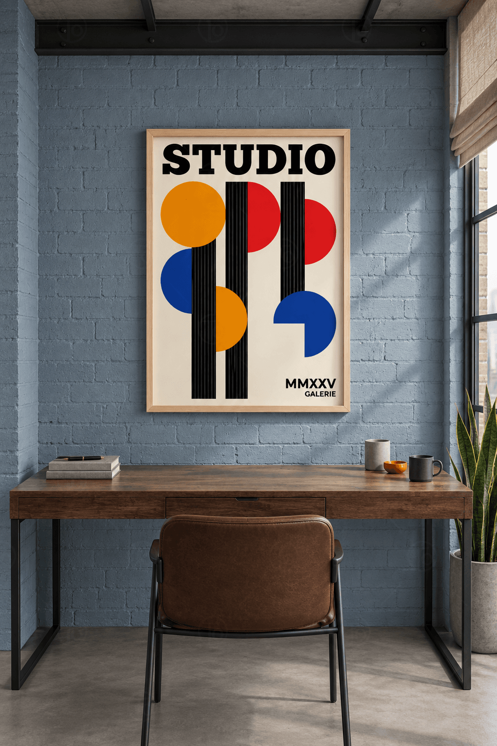 Ahşap çerçeveli retro poster tablosu — krem zeminde üç çizgili siyah dikey bant, turuncu, kırmızı ve kobalt daire parçaları