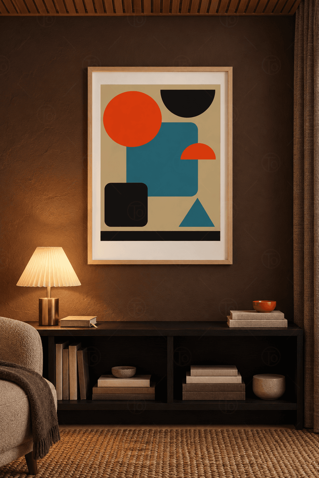 Ahşap çerçeveli mid-century geometri tablosu — kum beji zeminde turuncu daire, petrol kare, siyah yarım daire ve üçgen