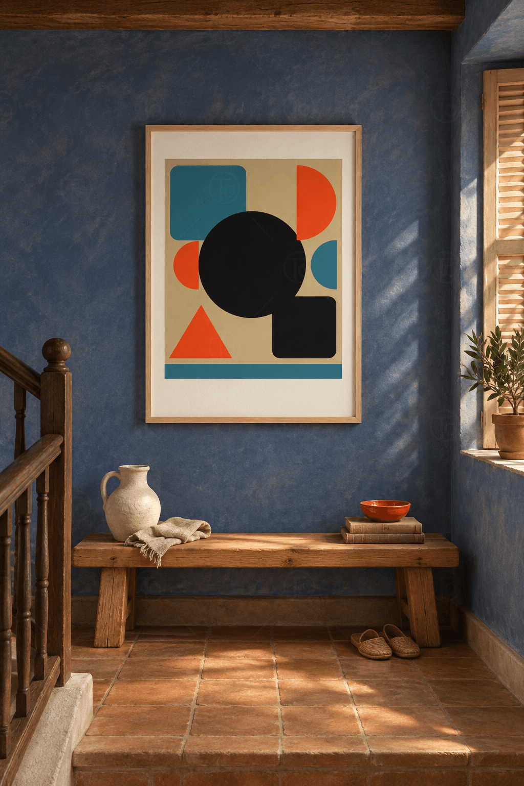 Ahşap çerçeveli mid-century geometri tablosu — kum beji zeminde siyah daire, turuncu üçgen, petrol kare ve yarım daireler