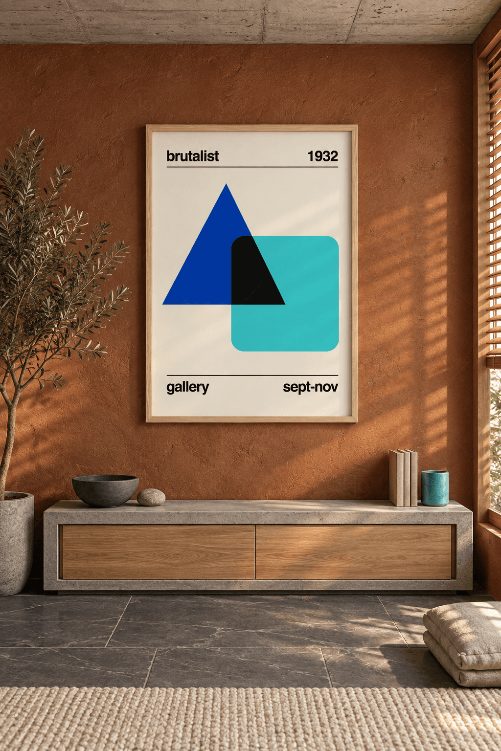 Ahşap çerçeveli brütalist poster tablosu — krem zeminde kobalt üçgen ve turkuaz yuvarlak kare, kesişim alanı siyah