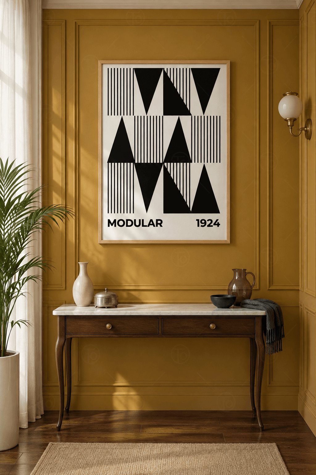 Ahşap çerçeveli modüler poster tablosu — beyaz zeminde dikey çizgi blokları ve yukarı, aşağı bakan siyah üçgenler