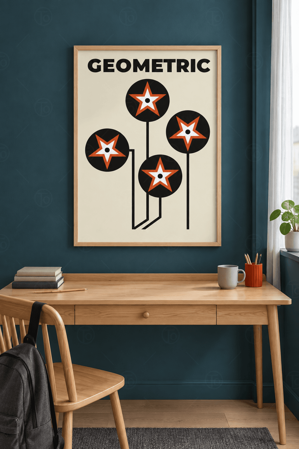 Ahşap çerçeveli geometrik poster tablosu — krem zeminde saplı dört siyah daire içinde kızıl kenarlı beyaz yıldızlar