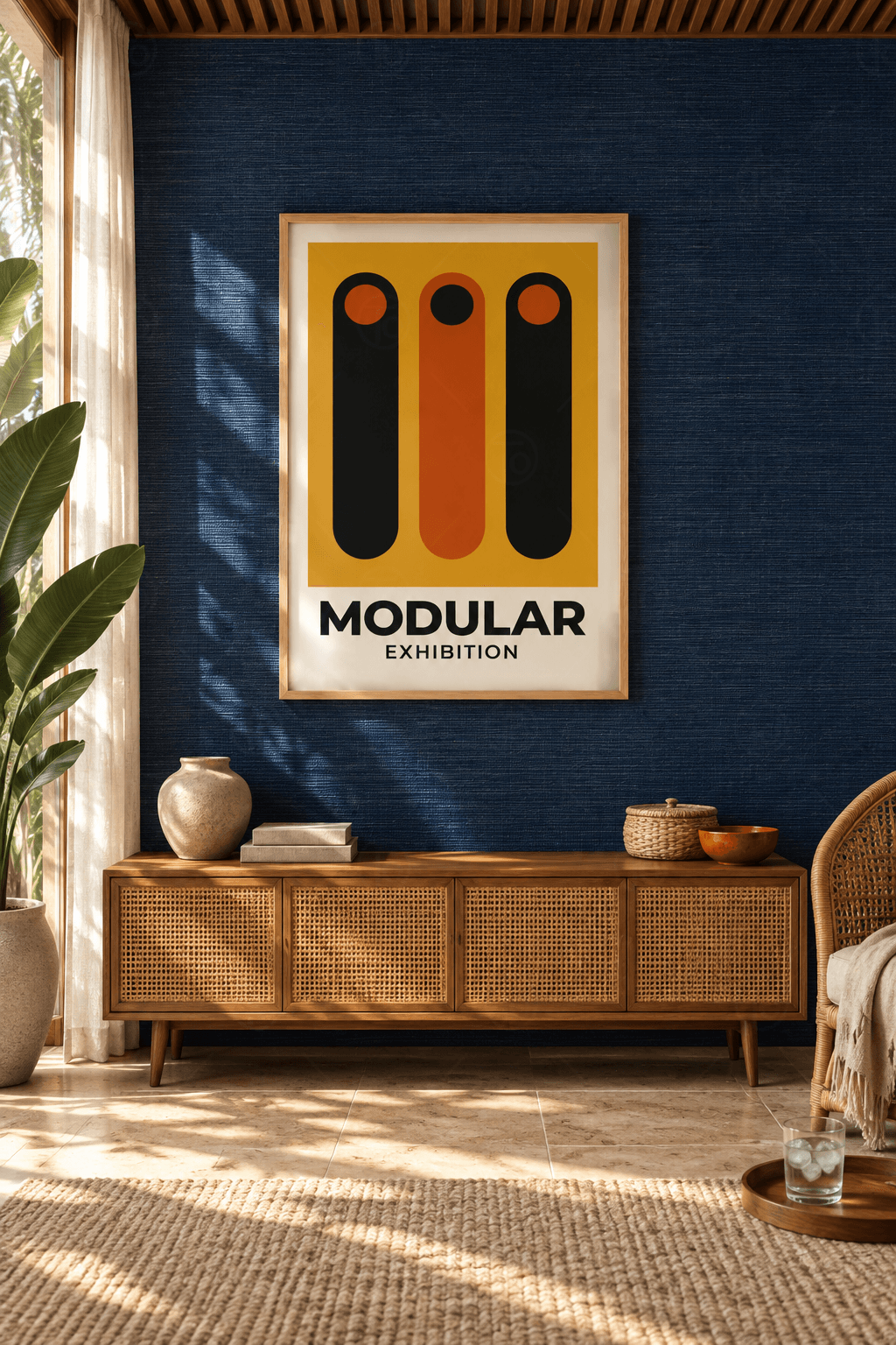 Ahşap çerçeveli modüler poster tablosu — hardal panoda siyah, kiremit, siyah üç dikey kapsül ve tepelerinde daireler