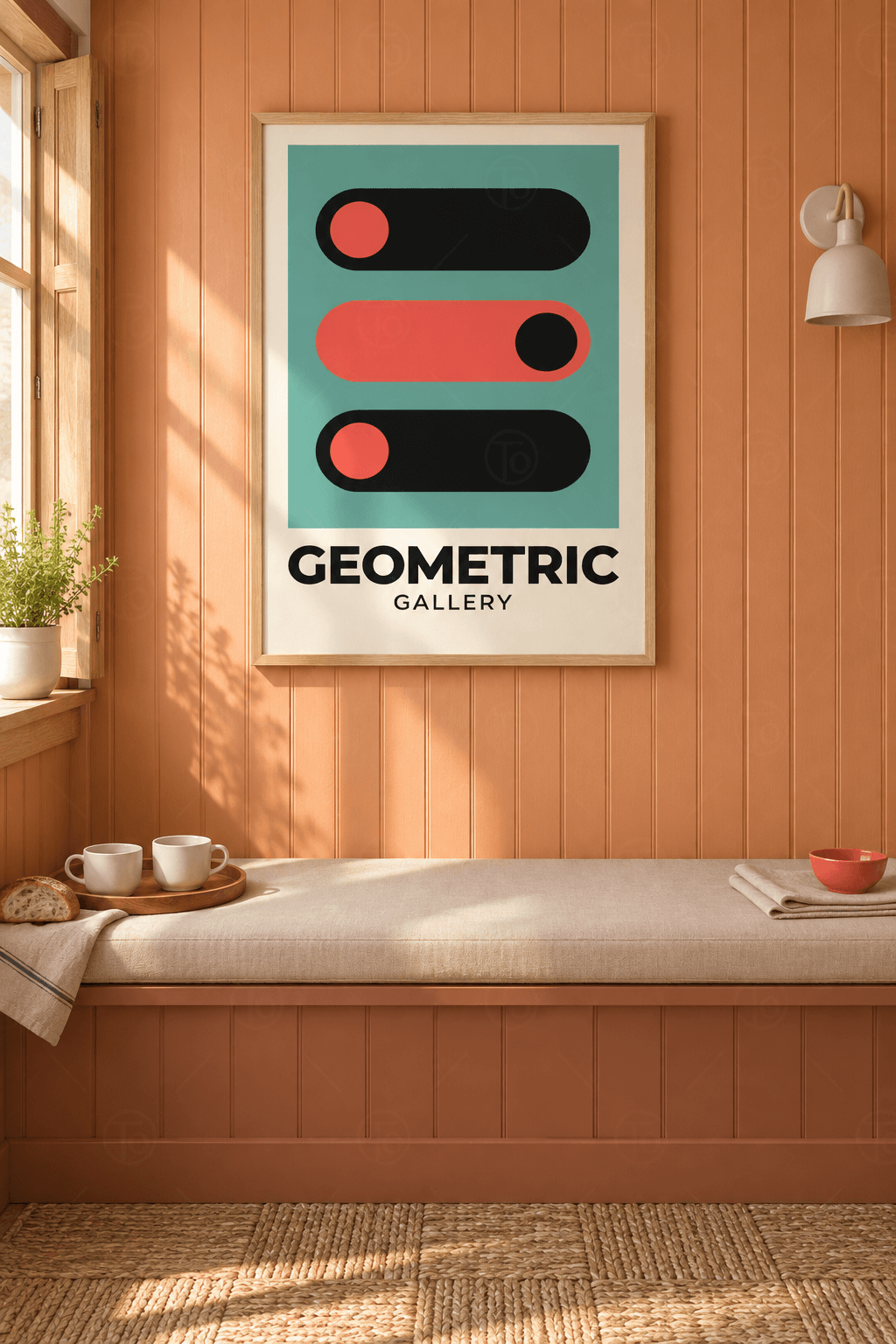 Ahşap çerçeveli geometrik poster tablosu — su yeşili panoda enine üç kapsül, siyah ve mercan, uçlarında karşıt daireler