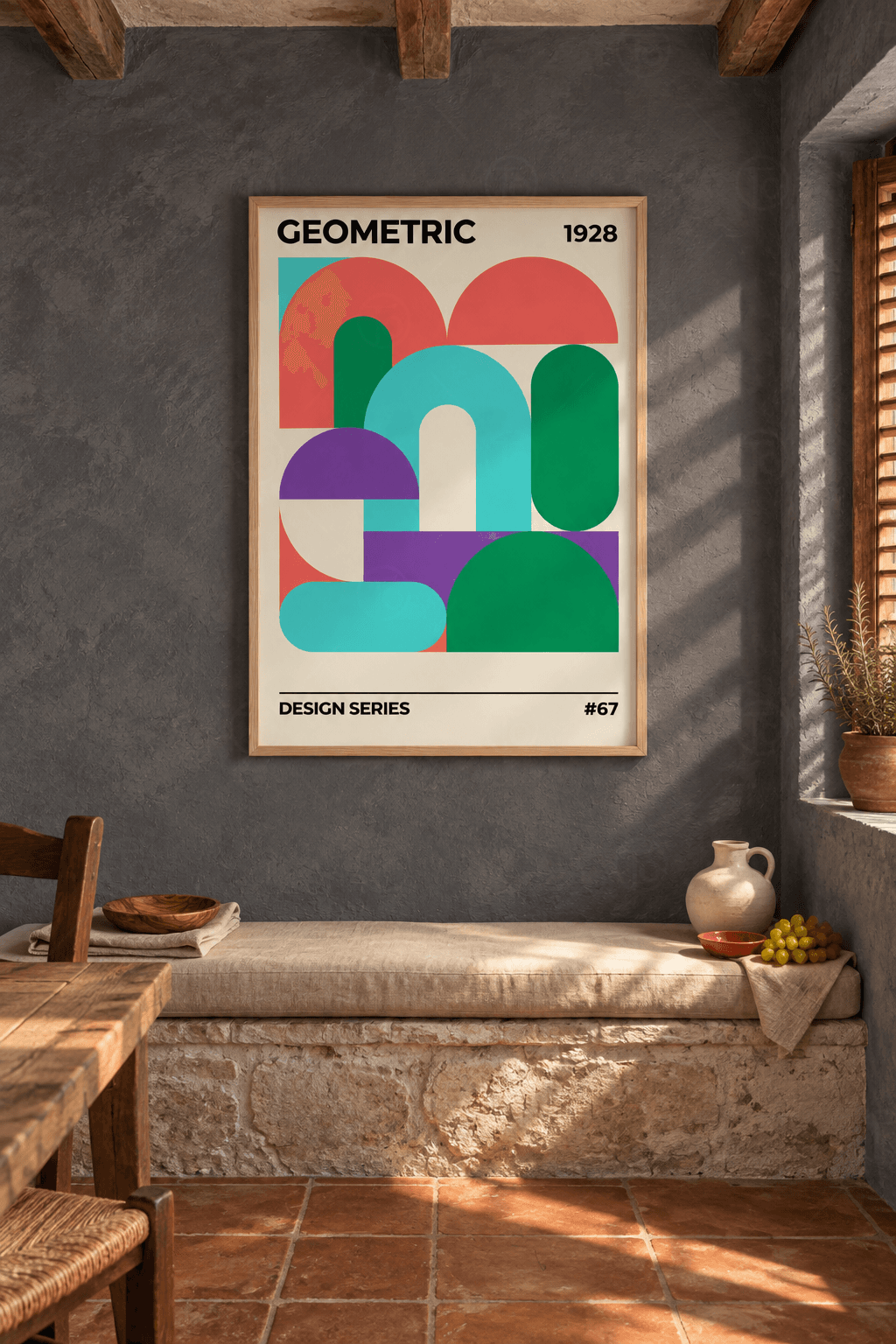 Ahşap çerçeveli geometrik poster tablosu — krem zeminde mercan, açık turkuaz, mor ve yeşil kemer, kubbe ve kapsüller