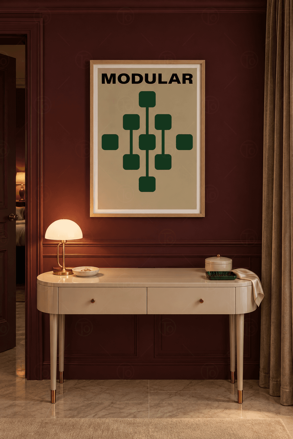 Ahşap çerçeveli modüler poster tablosu — bej zeminde baklava düzeninde, çizgilerle bağlı dokuz koyu yeşil yuvarlak kare