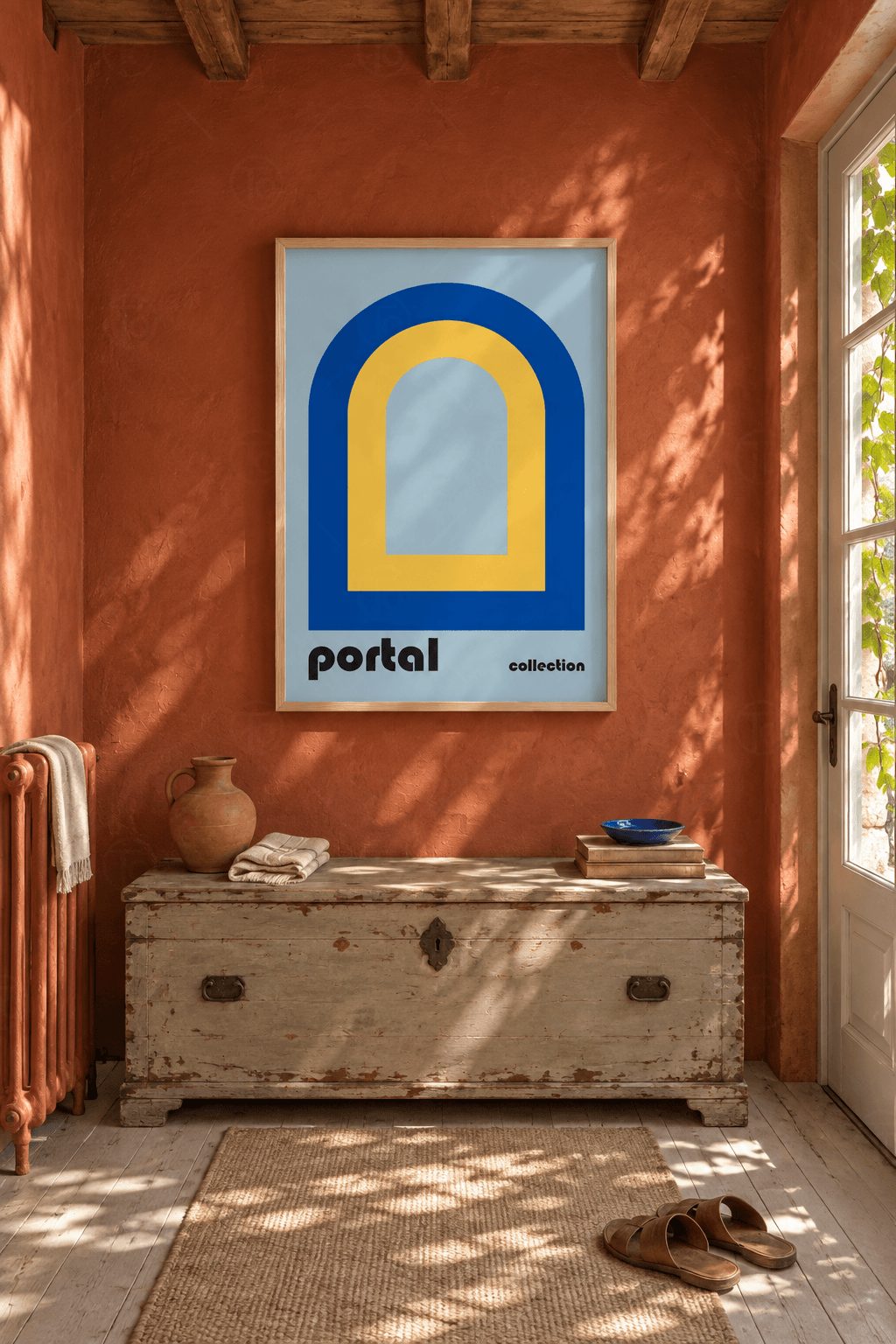 Ahşap çerçeveli kemer poster tablosu — buz mavisi zeminde iç içe kobalt ve sarı kemerler, ortada açık mavi boşluk