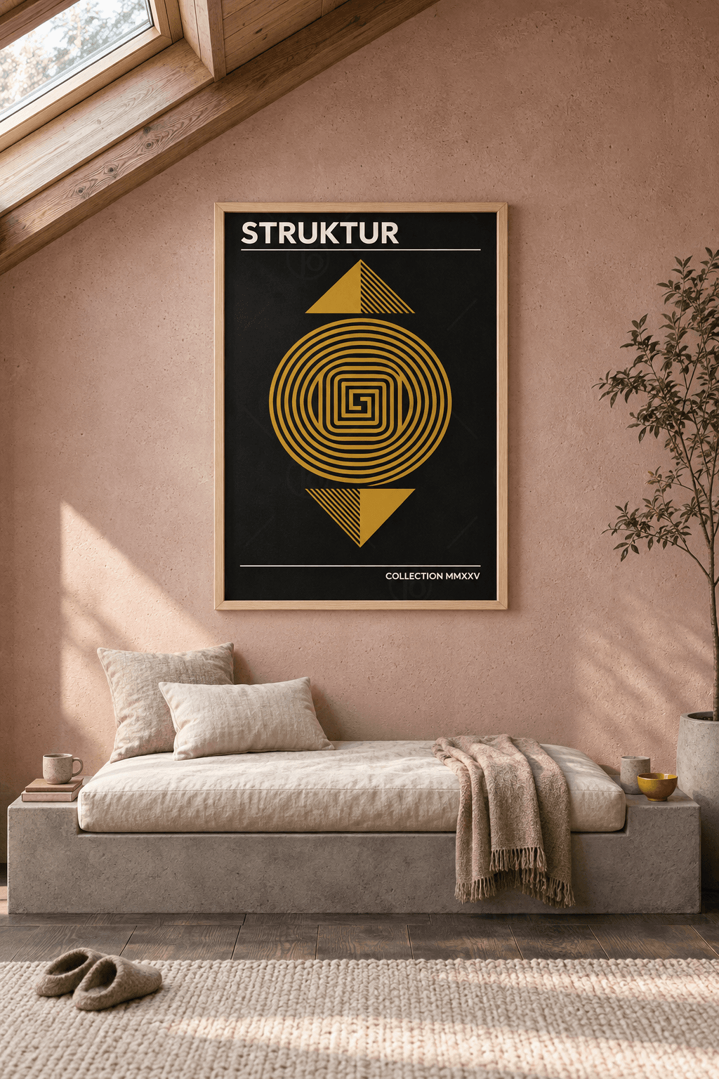 Ahşap çerçeveli spiral tablosu — siyah zeminde merkezi kare kıvrımlı hardal daire spirali, üstte ve altta çizgili üçgenler