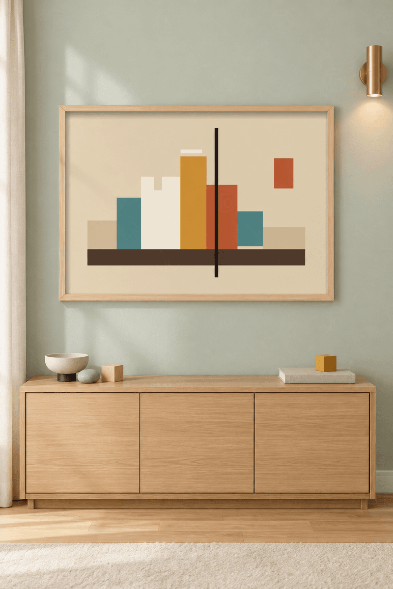 Ahşap çerçeveli mid-century tablo — koyu kahve taban üstünde kum, turkuaz, hardal ve kiremit bloklar ve siyah çizgi