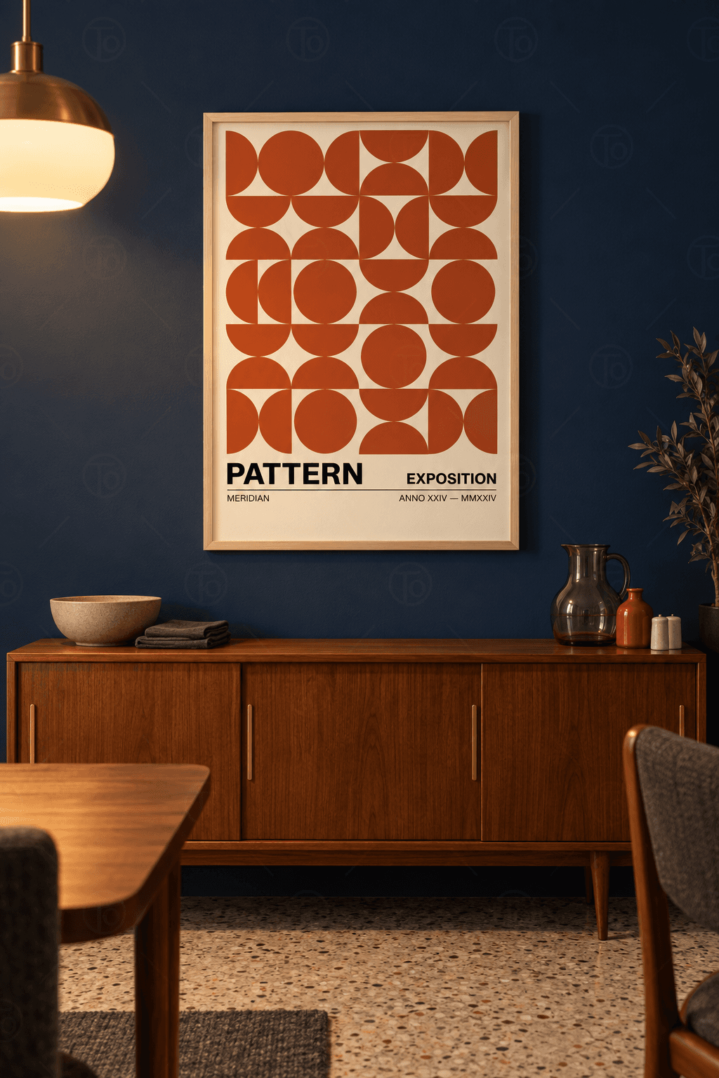 Ahşap çerçeveli geometrik poster tablosu — krem zeminde dört sütunlu ızgarada kiremit yarım daireler ve beş tam daire