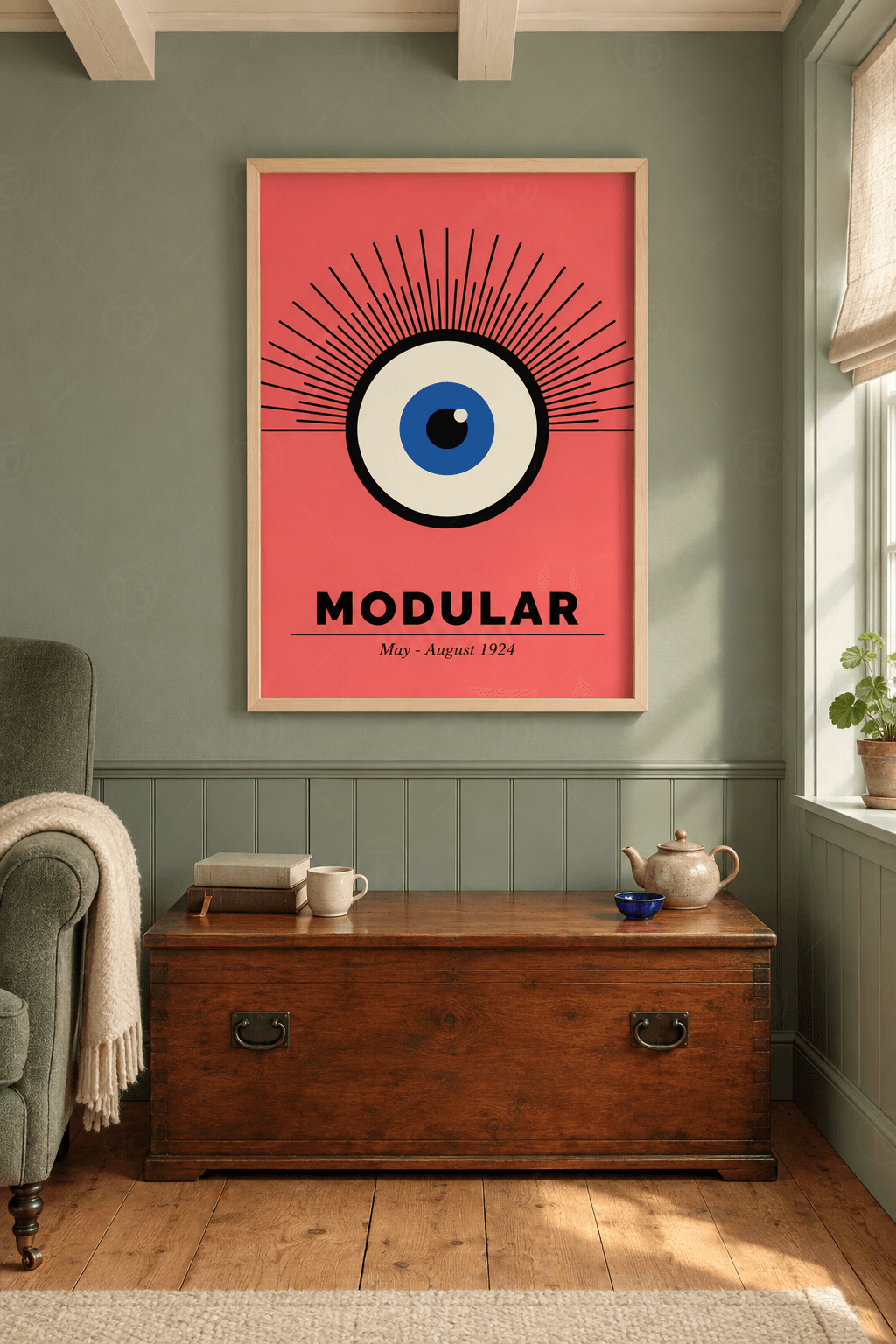 Ahşap çerçeveli pop art poster tablosu — mercan zeminde mavi irisli iri göz ve üstünde yelpaze gibi açılan siyah kirpikler