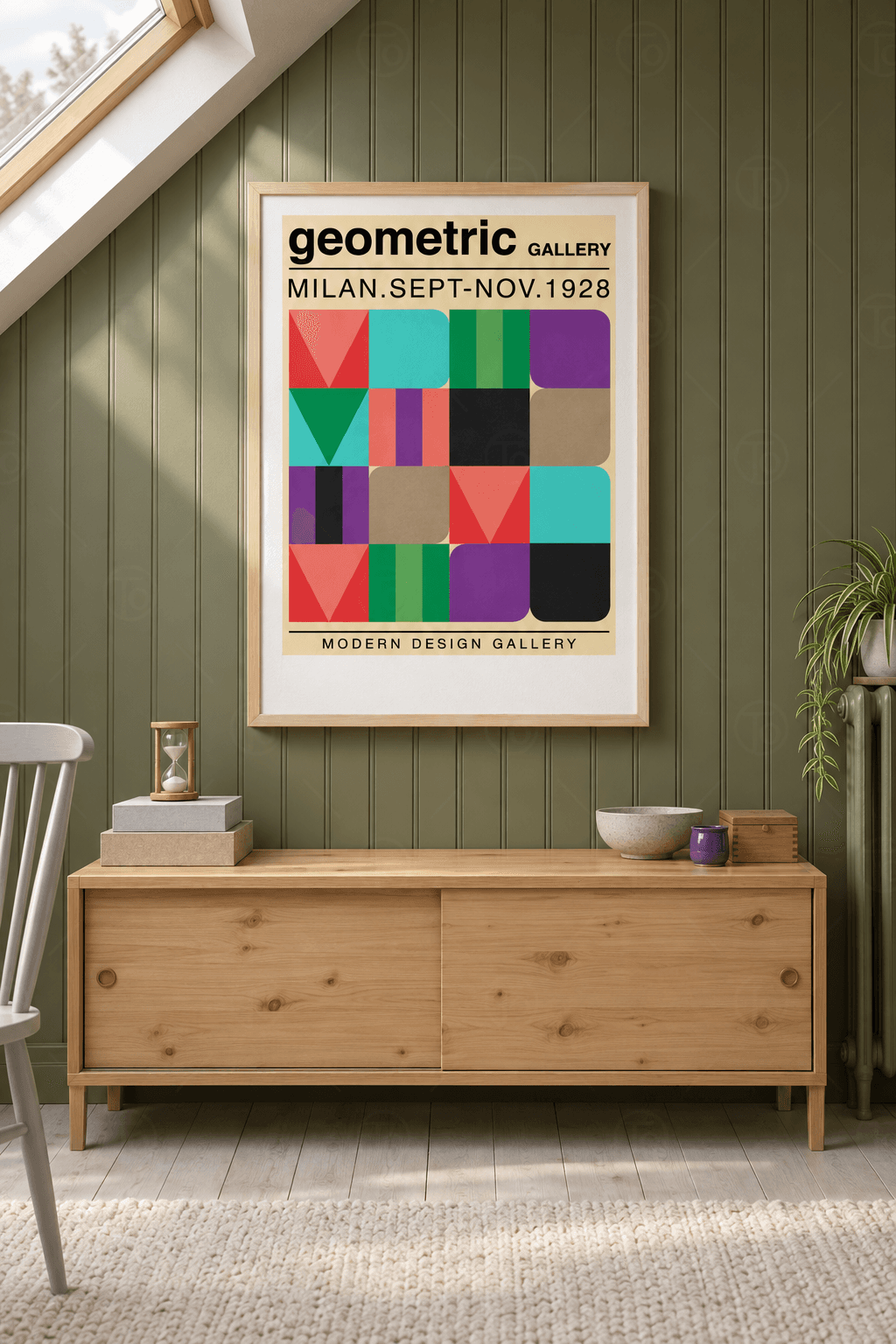 Ahşap çerçeveli mid-century poster tablosu — açık sarı zeminde ters üçgen, yuvarlak blok ve şeritlerden renkli ızgara