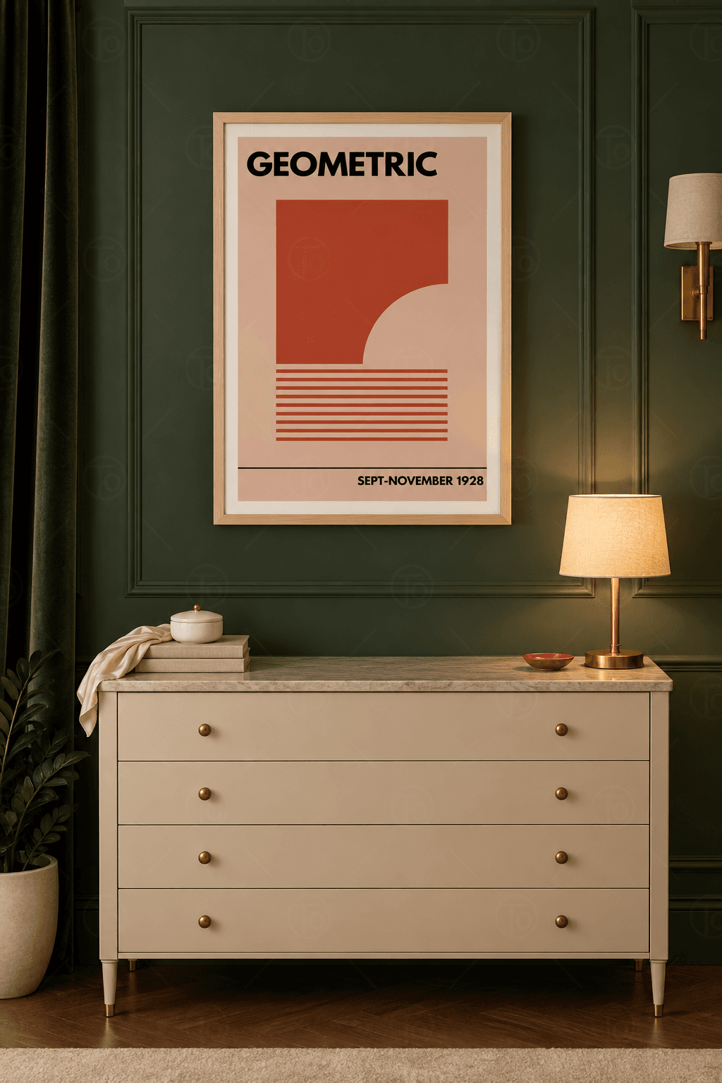 Ahşap çerçeveli grafik poster tablosu — pudra zeminde sağ altı çeyrek daire oyuklu kiremit blok, altında on enine çizgi