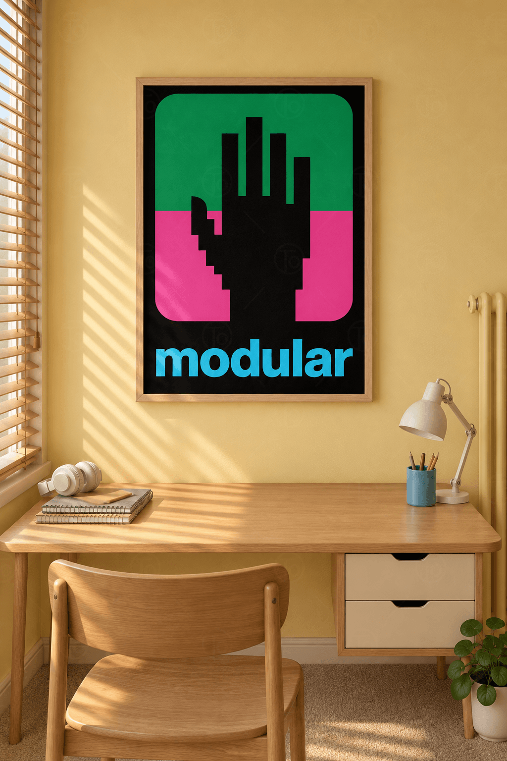Ahşap çerçeveli pop art poster tablosu — siyah zeminde üstü yeşil, altı pembe yuvarlak köşeli alanda siyah piksel el