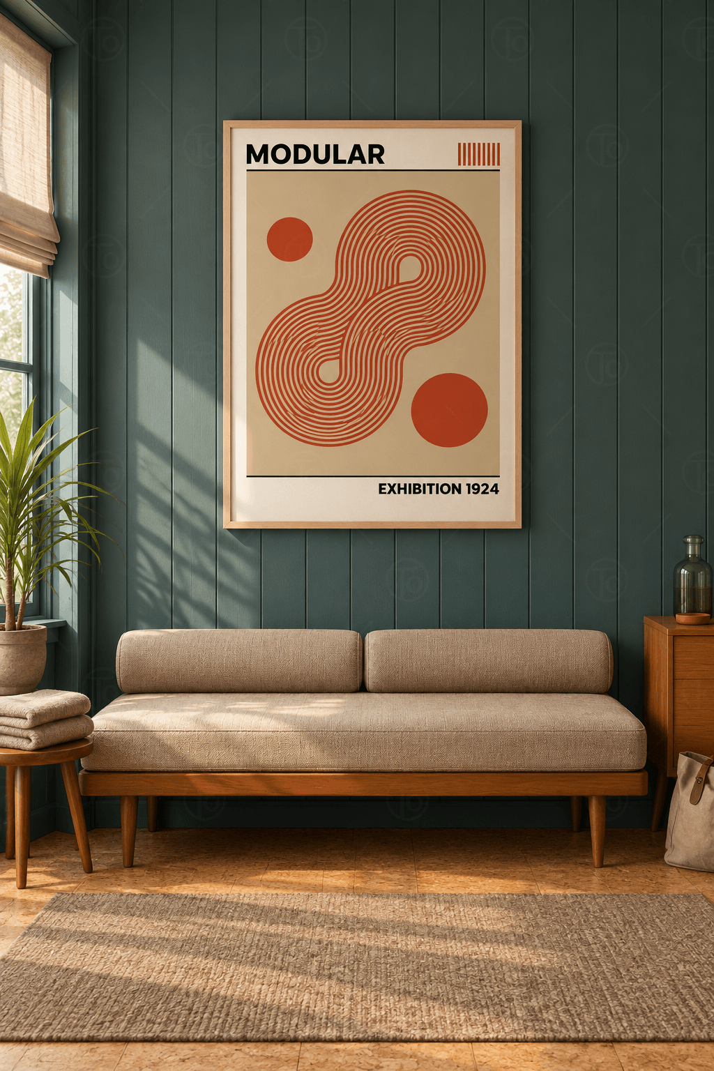 Ahşap çerçeveli line art poster tablosu — kum zeminde paralel kiremit çizgilerden sekiz biçimli kıvrım ve iki kiremit daire